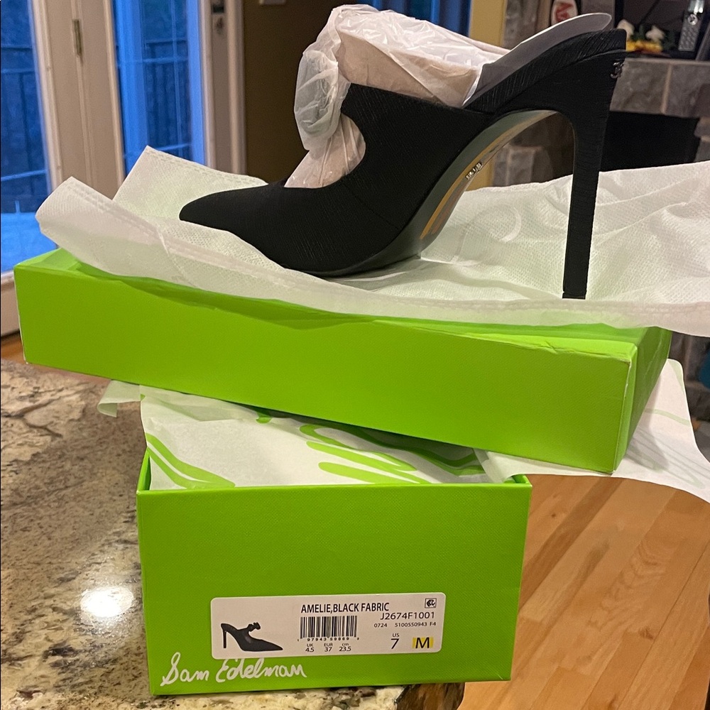 NWT Sam Edelman Amelie Pointed Black Toe Stiletto Mule Heels